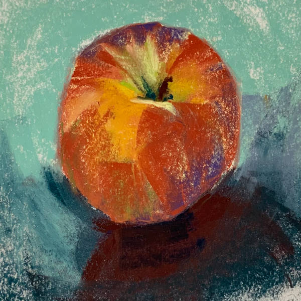 Pastel painting still life of a peach.