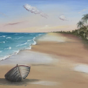 Pastel painting of a beach with boat oon the sand.