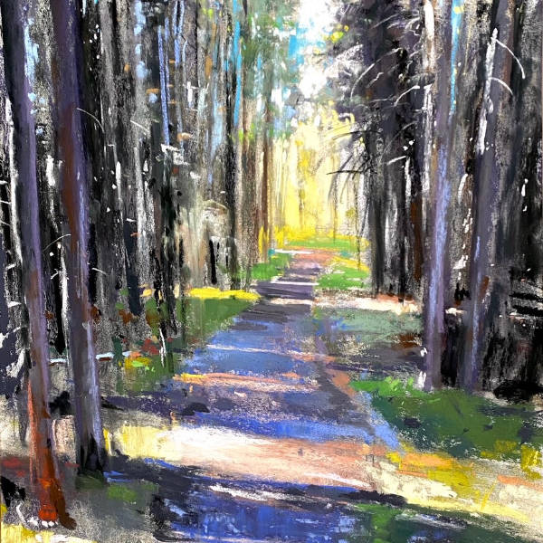 Pastel painting of a woodland path.